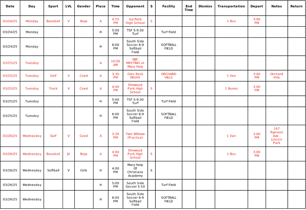 Weekly Sports Schedules
